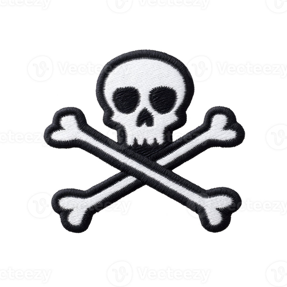 Skull and crossbones emblem with black outline and white stitching, symbolizing danger or piracy. design is simple and bold, often associated with warning signs or pirate themes png