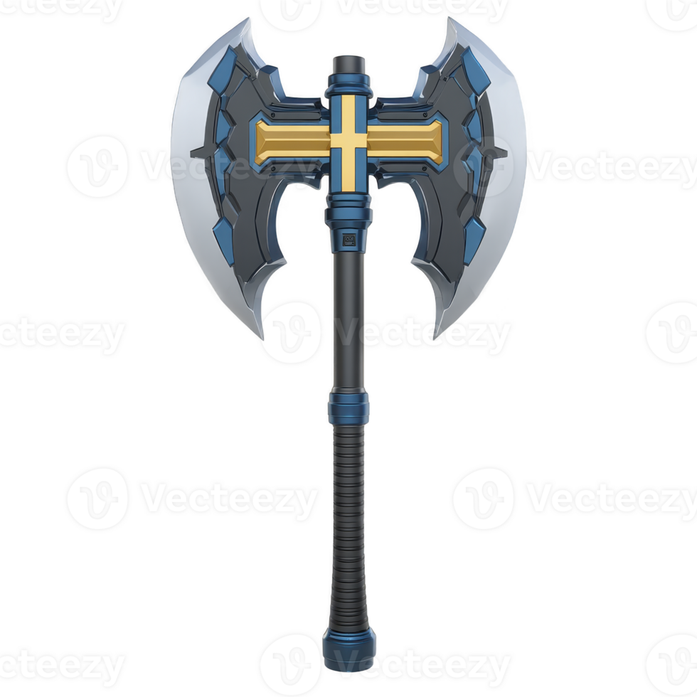 Double headed battle axe with sleek design features metallic finish and central golden cross. handle is wrapped for grip, and blades are sharp and symmetrical png