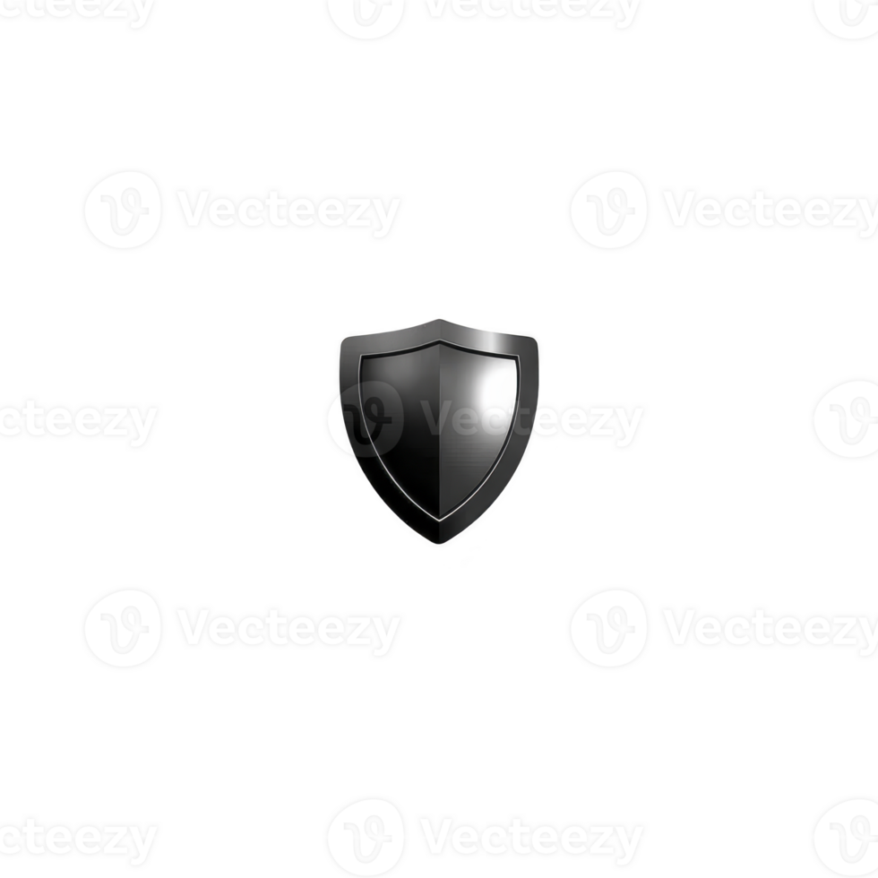 Sleek black shield icon with glossy finish, symbolizing protection and security. minimalist design is set against transparent background, ideal for digital use png