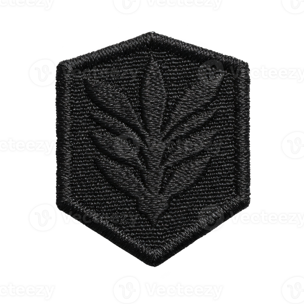 Black embroidered patch features hexagonal shape with leaf design in center, showcasing intricate stitching. patch has textured appearance, suitable for clothing or accessories png