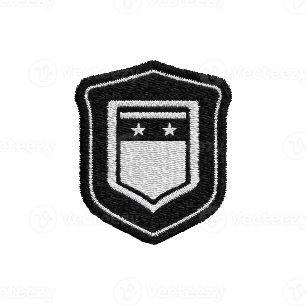 Black and white embroidered patch features shield design with two stars above horizontal stripe, symbolizing authority and protection. patch simple yet bold design conveys strength png