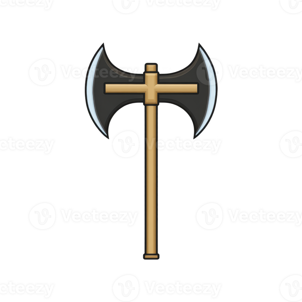 Double headed axe with wooden handle and sharp black blades is depicted, symbolizing strength and tradition. design is simple yet striking, evoking sense of history and power png