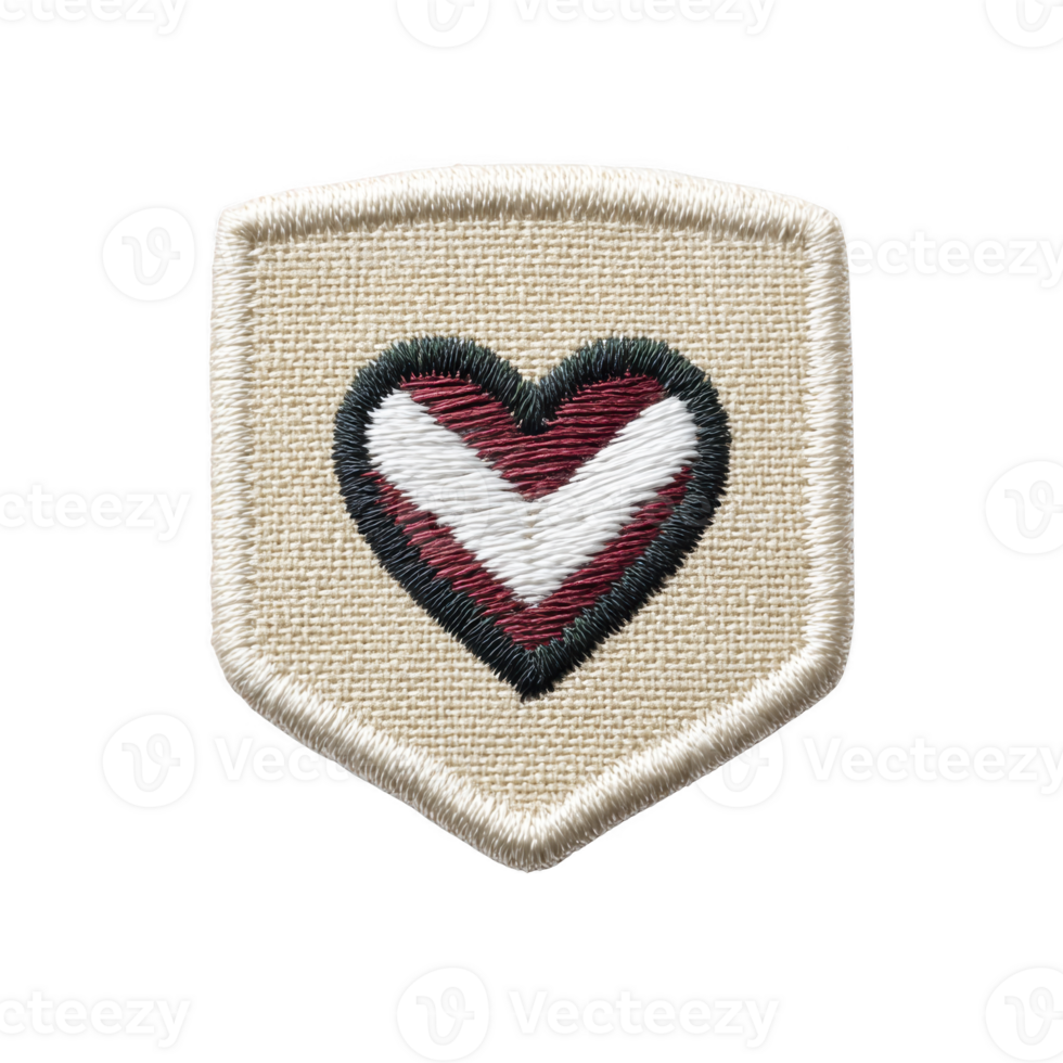 Heart shaped embroidered patch with red, white, and black colors on beige fabric background, symbolizing love and unity. patch has shield like shape with textured border png