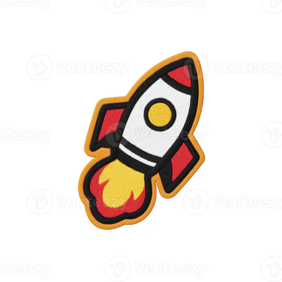Colorful rocket patch with vibrant design, featuring red, yellow, and white colors, symbolizing adventure and exploration. patch has cartoonish style, perfect for clothing or accessories png