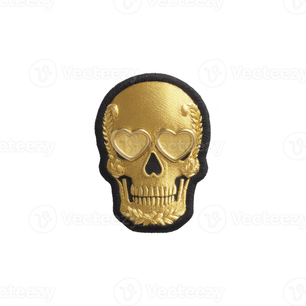 Golden skull patch with heart shaped eyes and intricate detailing creates striking and edgy design png