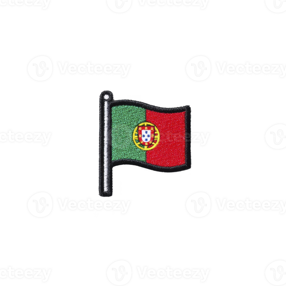 Image shows small embroidered patch of Portuguese flag, featuring green and red vertical stripes with central coat of arms. patch is designed for attachment to clothing or accessories png