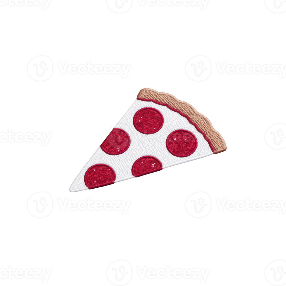 Slice of pepperoni pizza patch with playful design, featuring red pepperoni circles on transparency background and brown crust. Ideal for clothing or accessories png