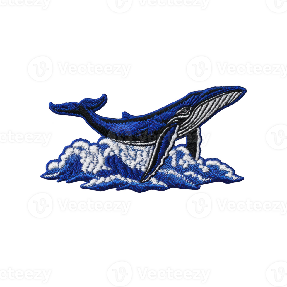 Majestic blue whale breaches through stylized ocean waves, depicted in detailed embroidery design. intricate stitching captures grace and power of whale, set against simple background png