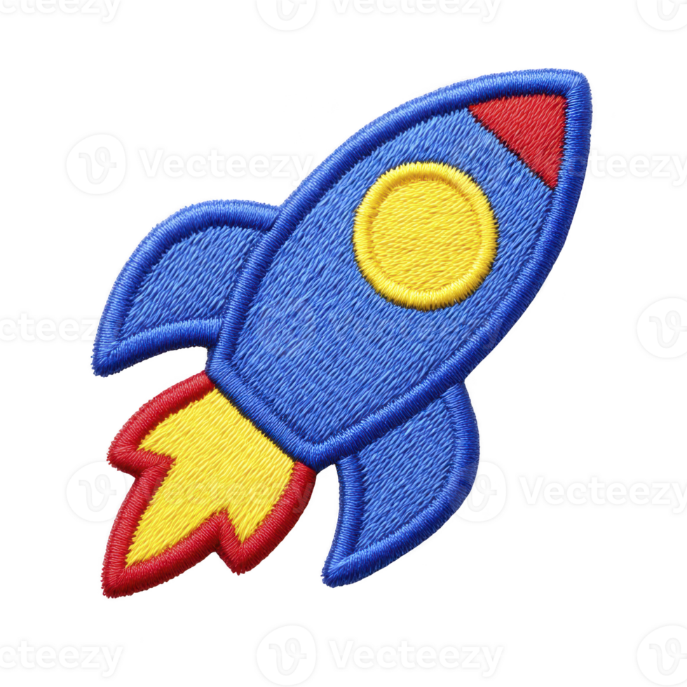 Colorful embroidered rocket patch with blue body, yellow circle, and red accents, designed for clothing or accessories. vibrant design adds playful touch to any item png