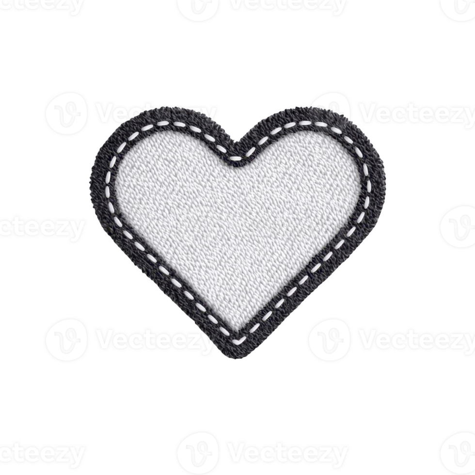 Heart shaped fabric patch with black border and white stitching, perfect for adding touch of love to clothing or accessories. simple design is both charming and versatile png