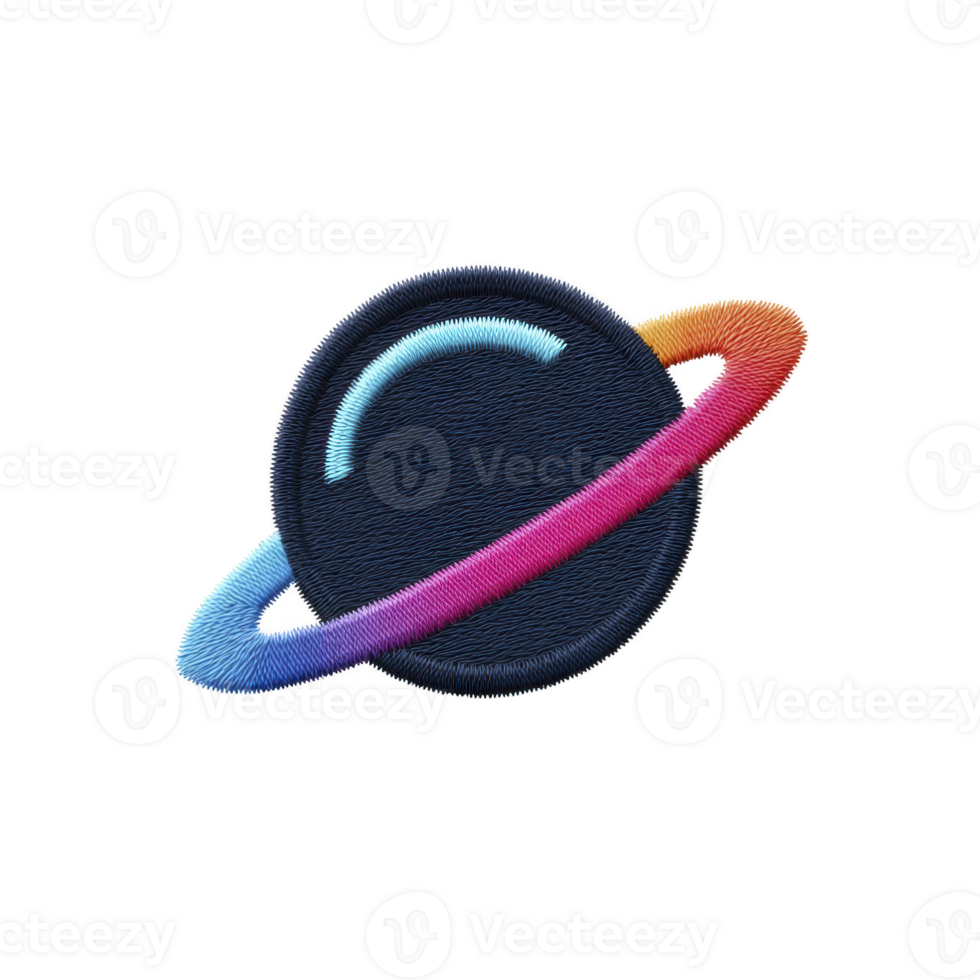 Colorful embroidered patch of planet with vibrant ring, resembling Saturn, on transparency background. design features gradient of blue, pink, and orange hues, creating playful and cosmic feel png