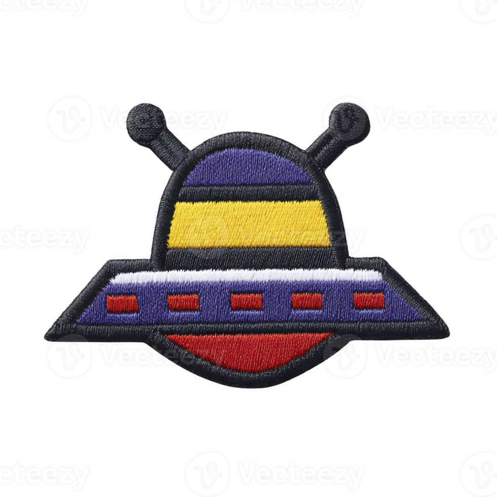 Colorful embroidered patch of UFO with antennas, featuring vibrant stripes of purple, yellow, and red, and whimsical design. patch is isolated on transparency background png