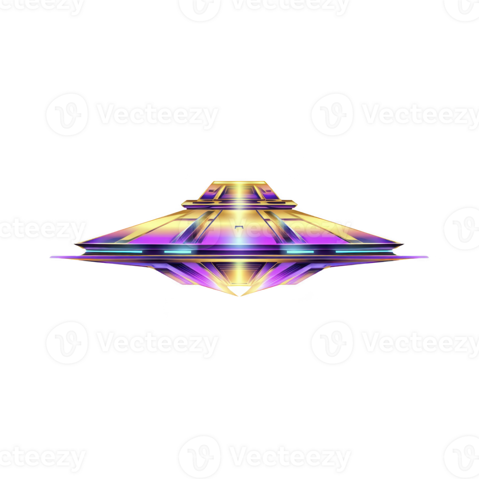 Futuristic, colorful UFO with sleek, symmetrical design and vibrant neon lights, floating against transparency background. spacecraft metallic surface reflects hues of purple, yellow, and blue png