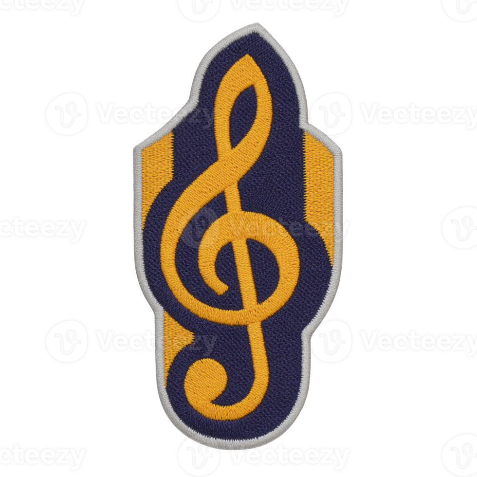 Blue and yellow embroidered patch features treble clef design, symbolizing music and creativity. patch has distinct shape with border, ideal for clothing or accessories png