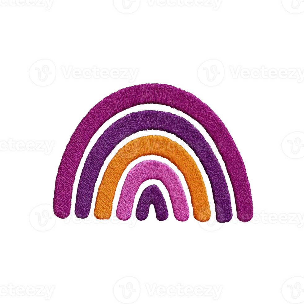 Colorful embroidered rainbow with vibrant purple, orange, and pink arcs creates cheerful and playful design. stitching adds texture and depth to simple yet eye catching pattern png