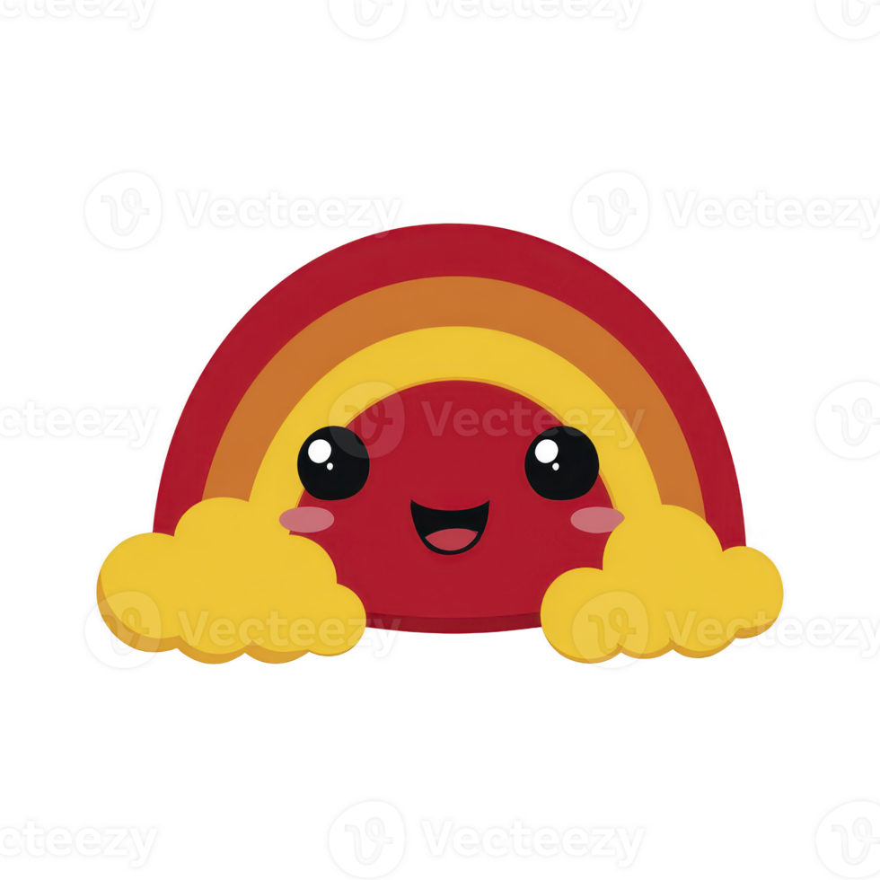 Cute, smiling rainbow with vibrant red, orange, and yellow arcs is nestled between fluffy yellow clouds, creating cheerful and playful atmosphere png