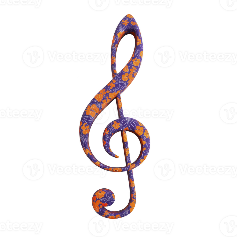 Colorful treble clef symbol with vibrant floral pattern, featuring orange and purple flowers, stands out against transparency background, creating lively and artistic design png