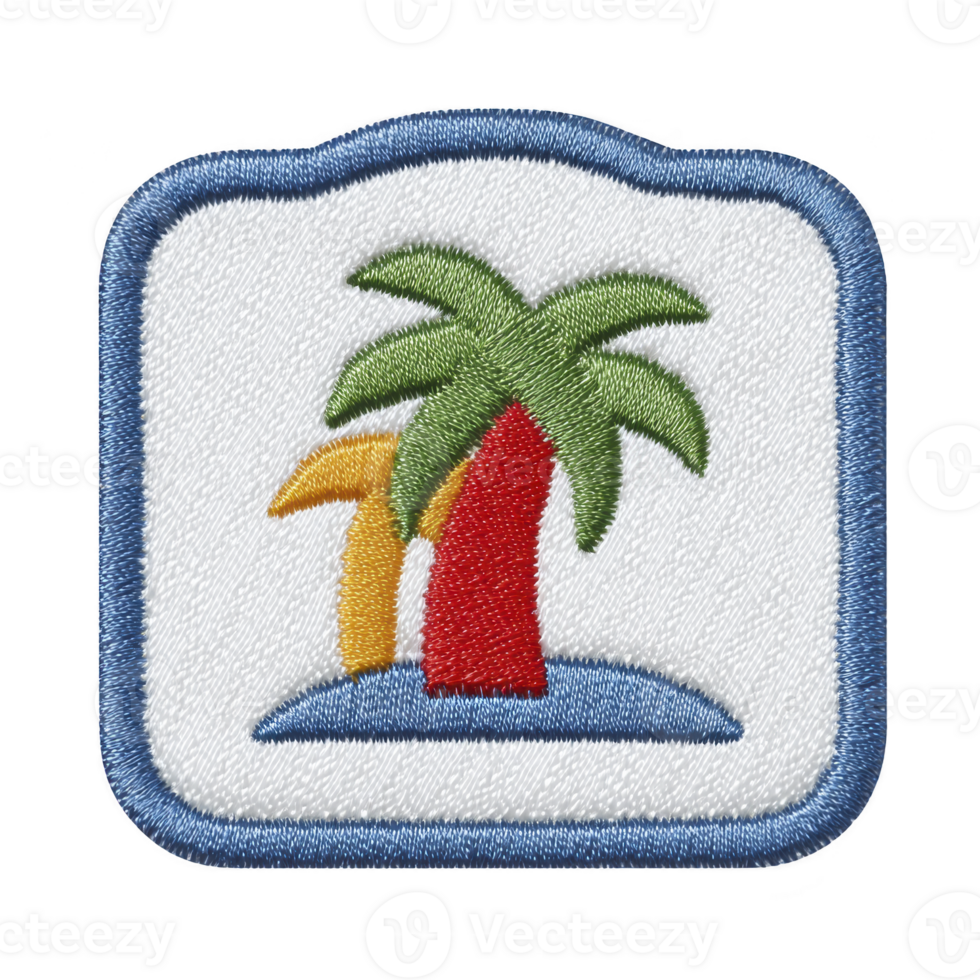 Colorful embroidered patch features tropical island scene with palm trees, evoking sense of adventure and relaxation. patch is bordered in blue, adding vibrant touch png