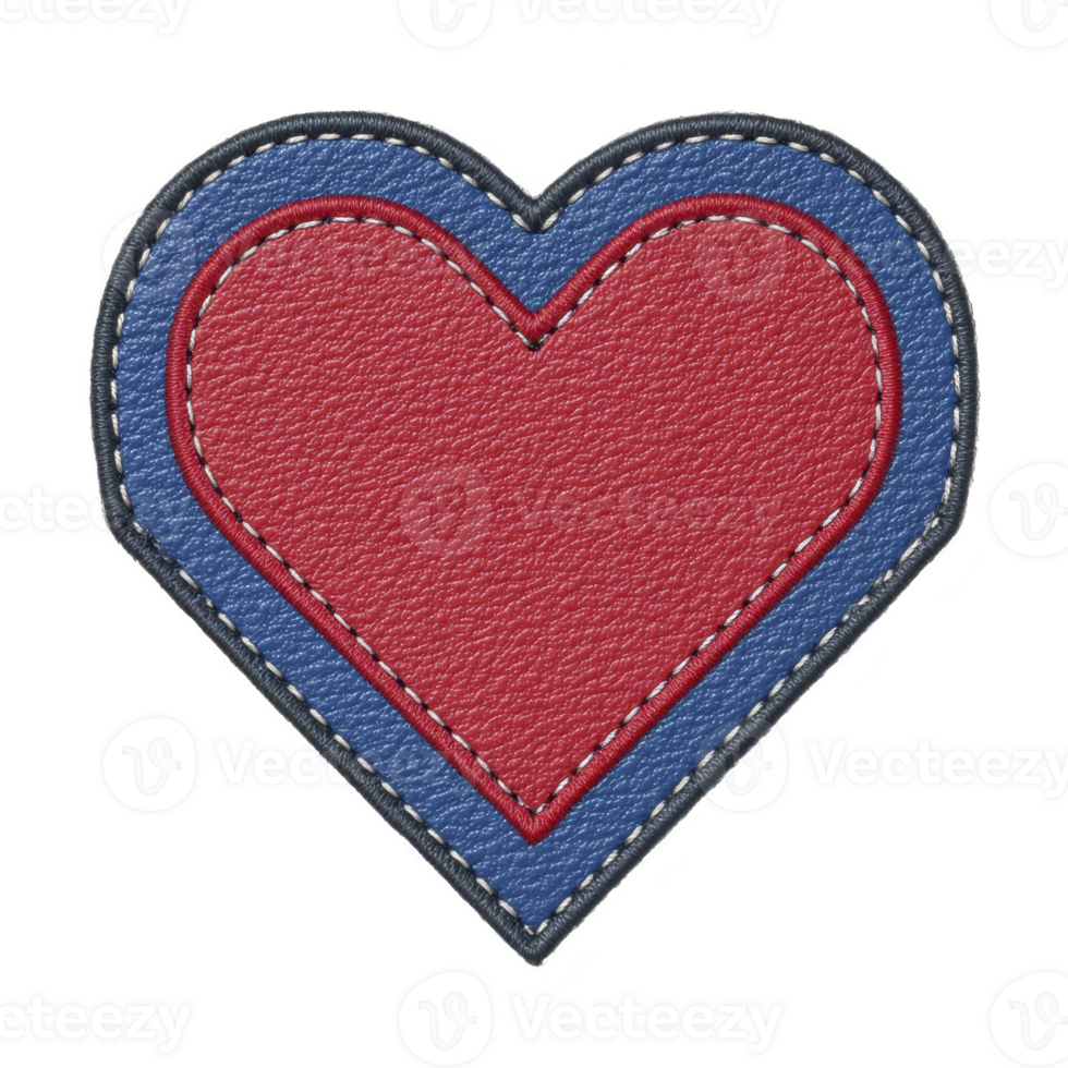 Heart shaped patch with red and blue leather texture, featuring detailed stitching around edges, creating stylish and bold design png