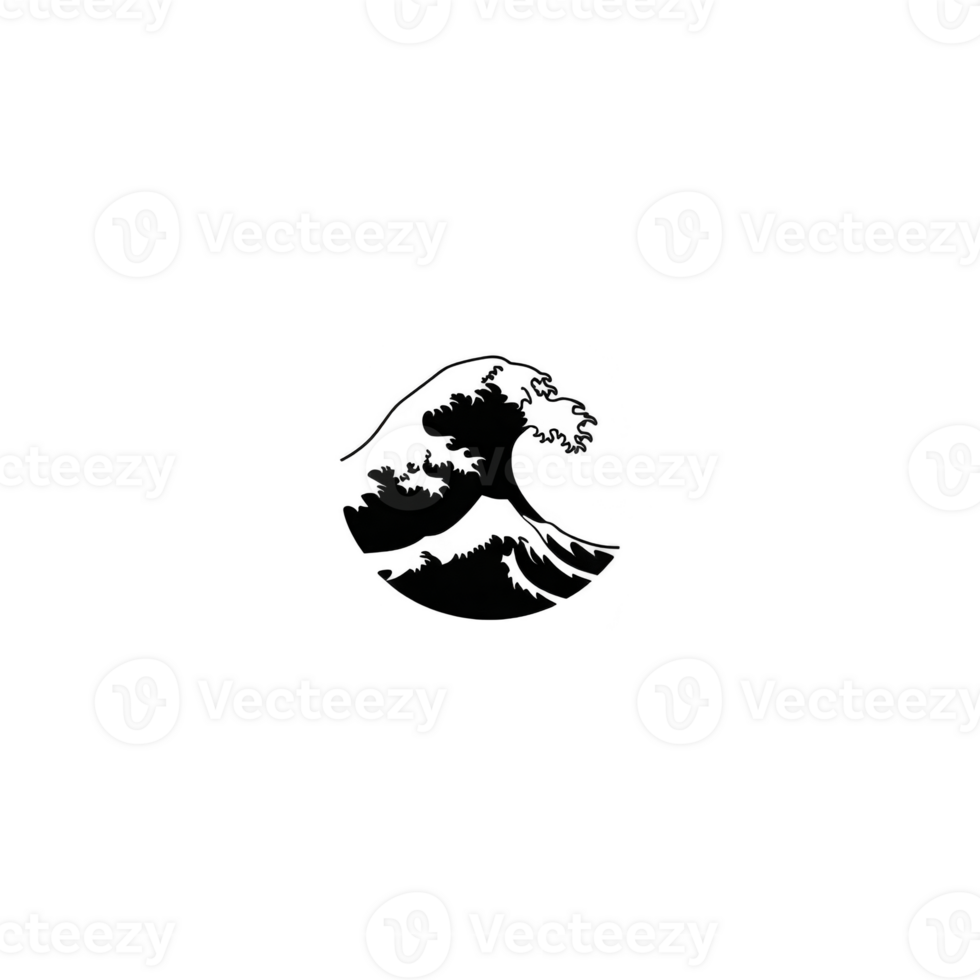 This features stylized black and white illustration of wave, reminiscent of traditional Japanese art. wave is depicted circular form, creating sense of motion and fluidity.wave illustration black png
