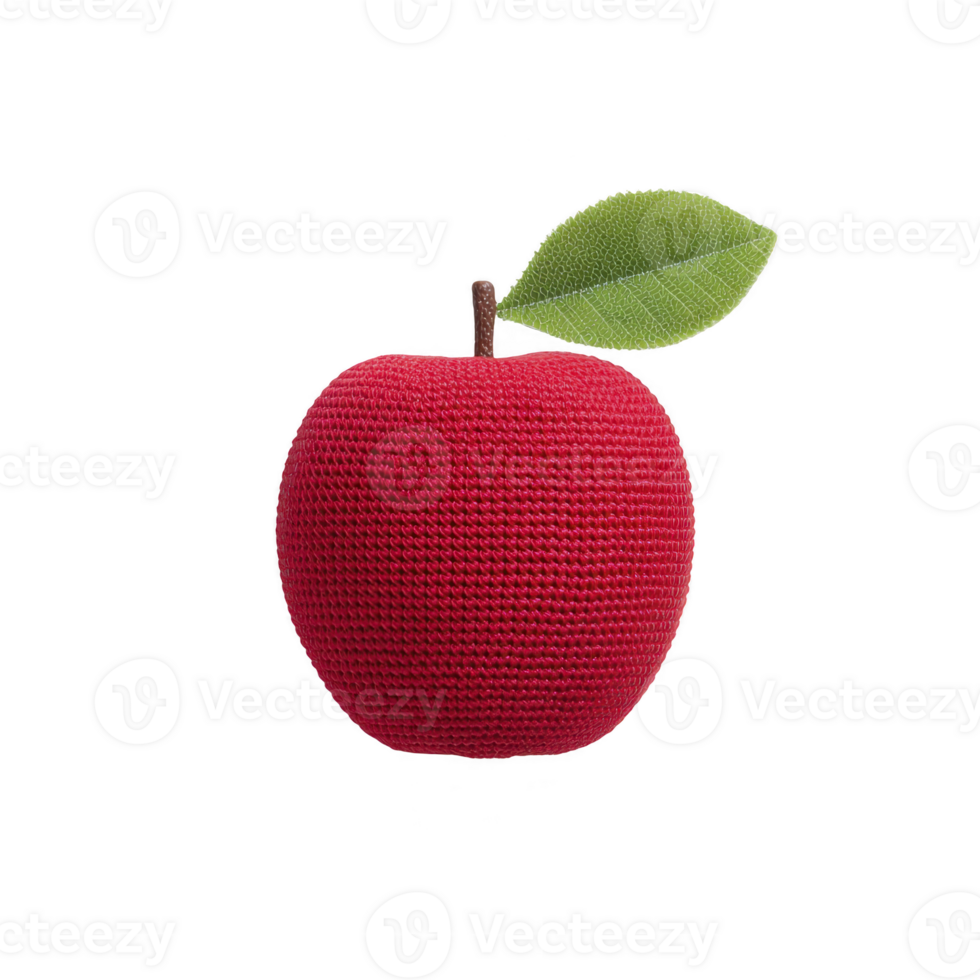 Red knitted apple with green leaf and brown stem, showcasing handmade, textured design. apple is isolated on transparency background, highlighting its vibrant colors and intricate details png