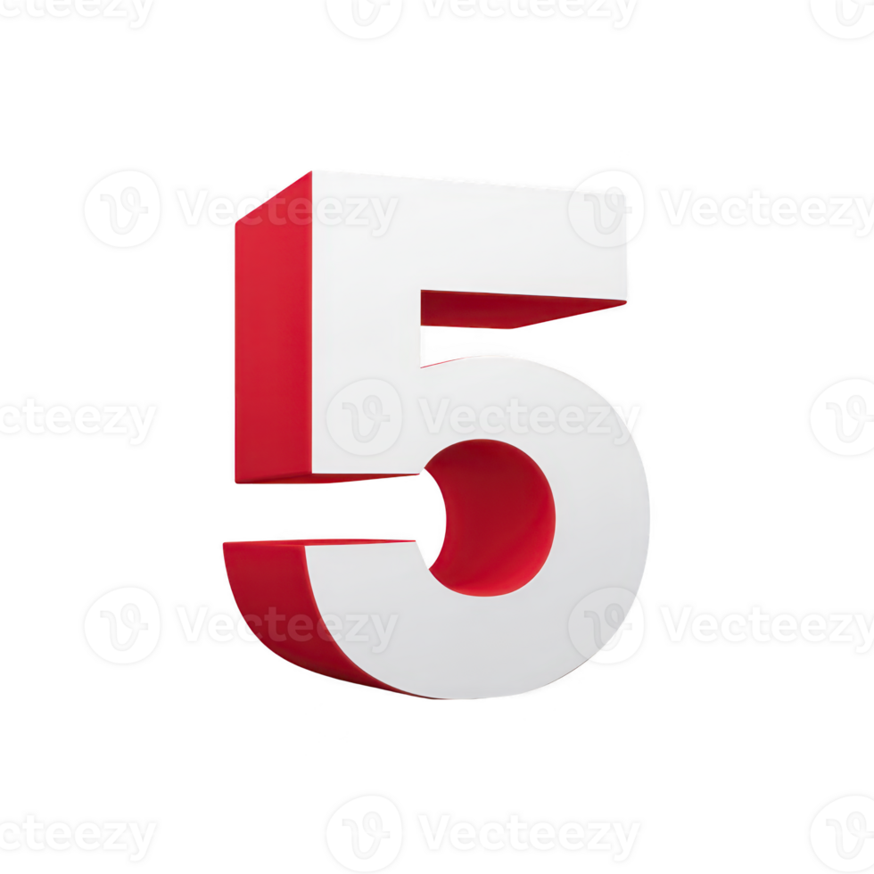 Bold, three dimensional number five with white front and red sides stands out against plain background, creating striking visual effect png