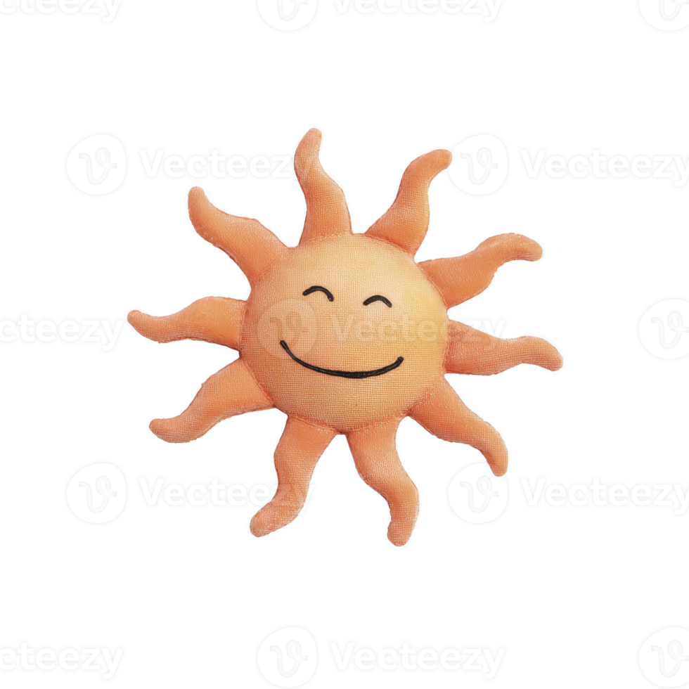 Cute, smiling sun plush toy with orange rays and cheerful expression, perfect for children decor or play. soft fabric and friendly design make it inviting and fun png