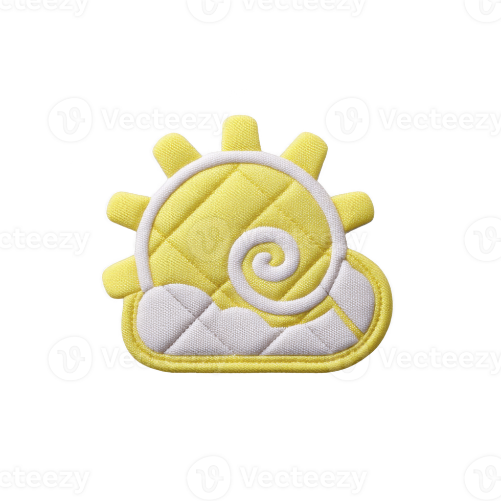 Cheerful yellow sun with spiral center and rays peeks over fluffy white cloud, creating playful and whimsical design. quilted texture adds cozy feel png
