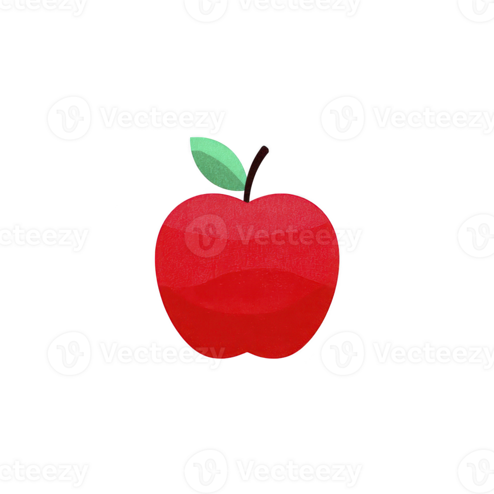 Vibrant red apple illustration with green leaf and black stem, set against plain background, showcasing simple and colorful design png