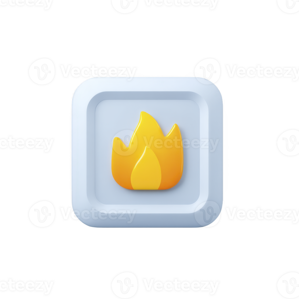 3D icon of yellow flame is set against light blue square background, symbolizing fire or heat. design is simple and modern, with soft color palette png