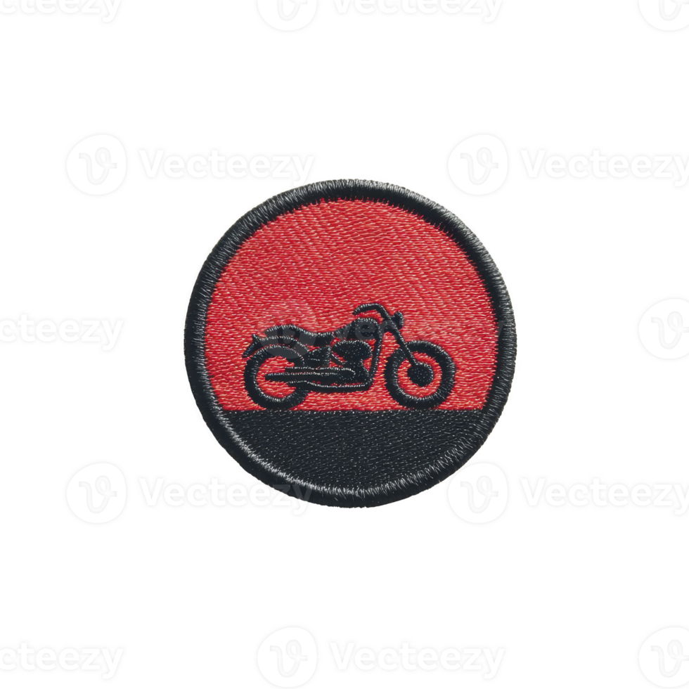 Round embroidered patch features black motorcycle silhouette on red background, bordered by black edge. design is simple and bold, ideal for motorcycle enthusiasts png