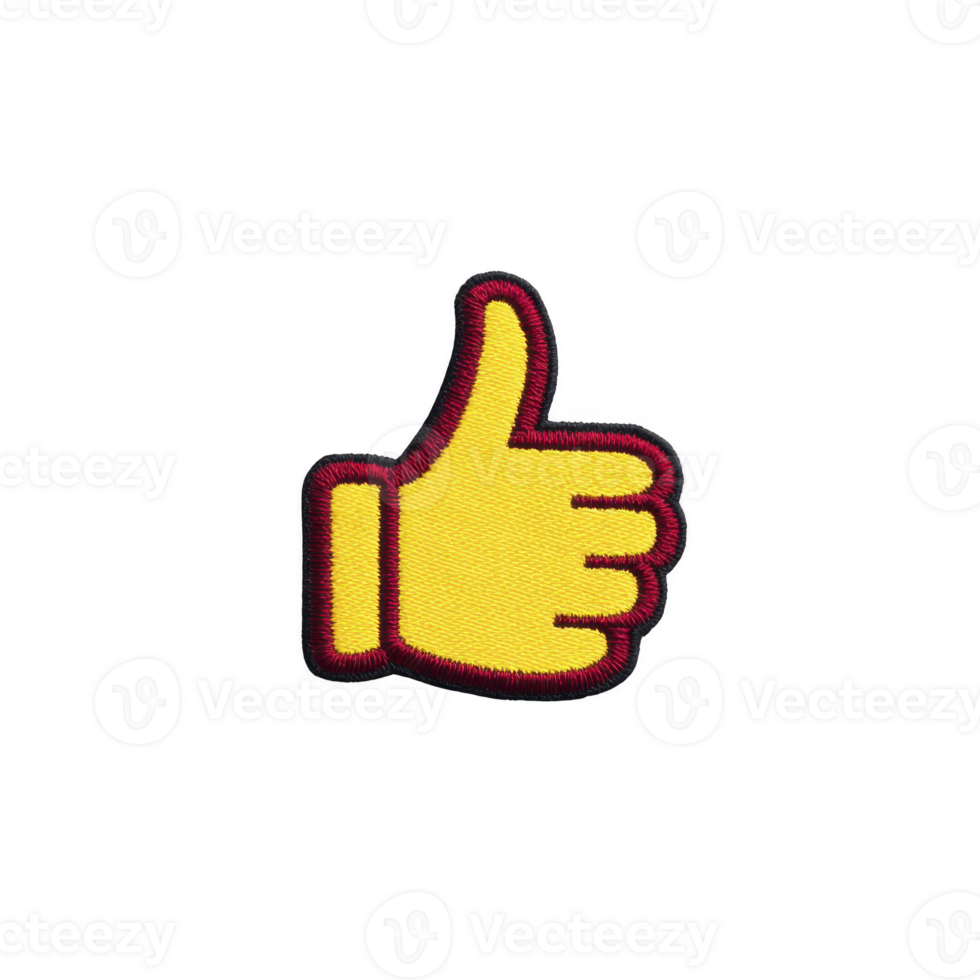Yellow thumbs up patch with red border on transparency background, symbolizing approval or positivity. design is simple and bold, often used to express agreement or encouragement png