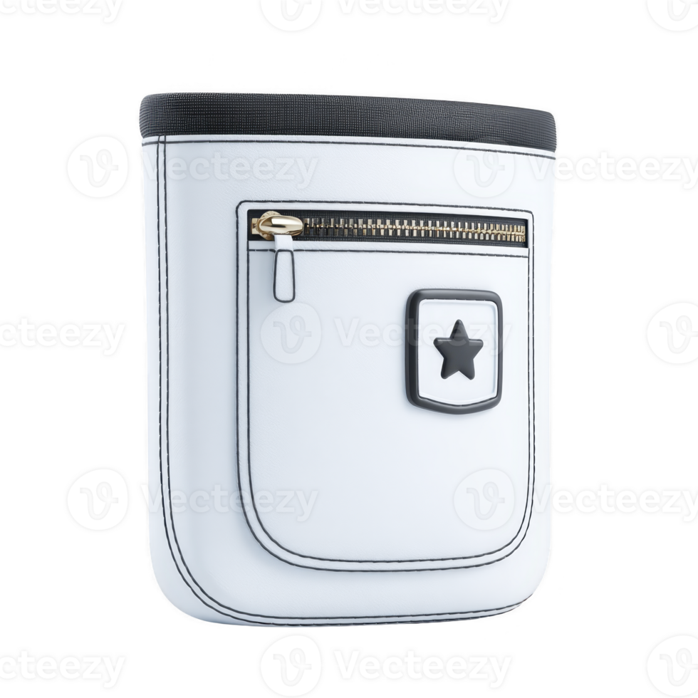 Stylish white pouch with black star emblem and front zipper pocket, featuring sleek design and modern aesthetic. Perfect for carrying small essentials with flair png