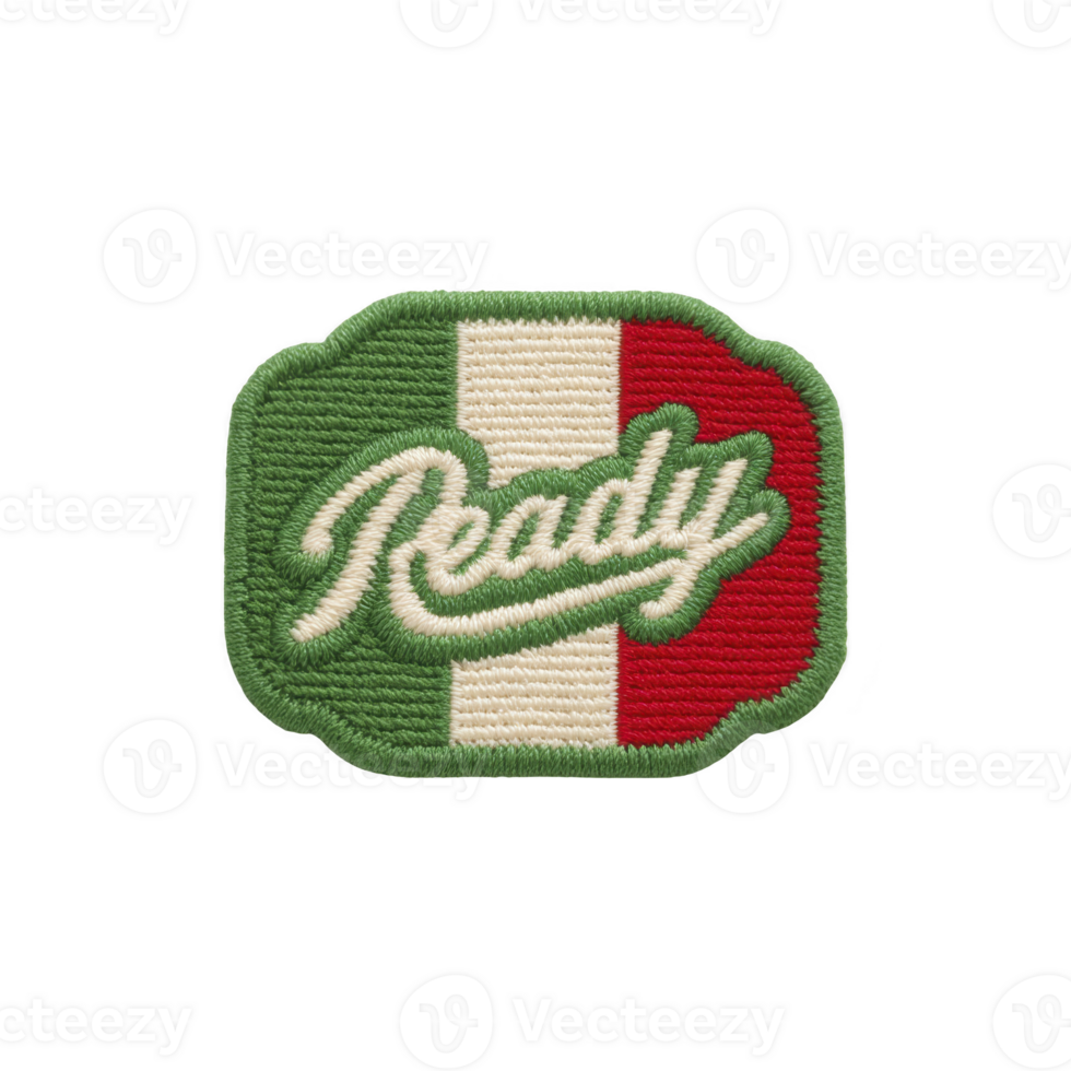This features embroidered patch with word Ready script font set against background resembling Italian flag with green white and red vertical stripes. patch has green border.Ready patch with png