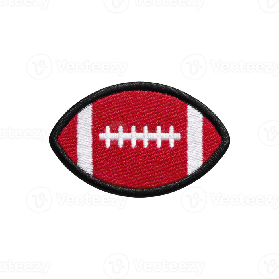 Red embroidered patch in shape of American football with white stitching and black border, isolated on transparency background png