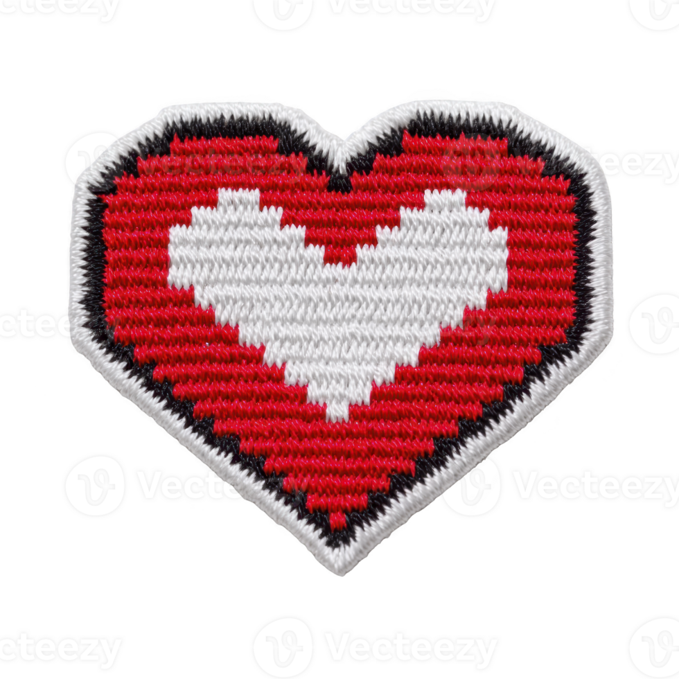 Heart shaped embroidered patch with red and white pixelated design, featuring bold outline. patch has textured appearance, giving it handmade feel png