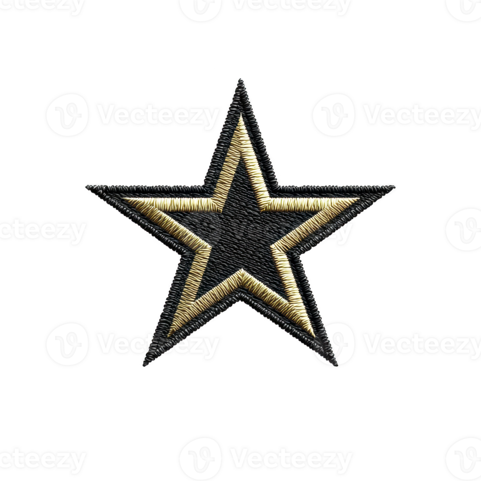 Black and gold embroidered star patch with textured design, featuring five pointed shape and metallic thread accents, set against transparent background png