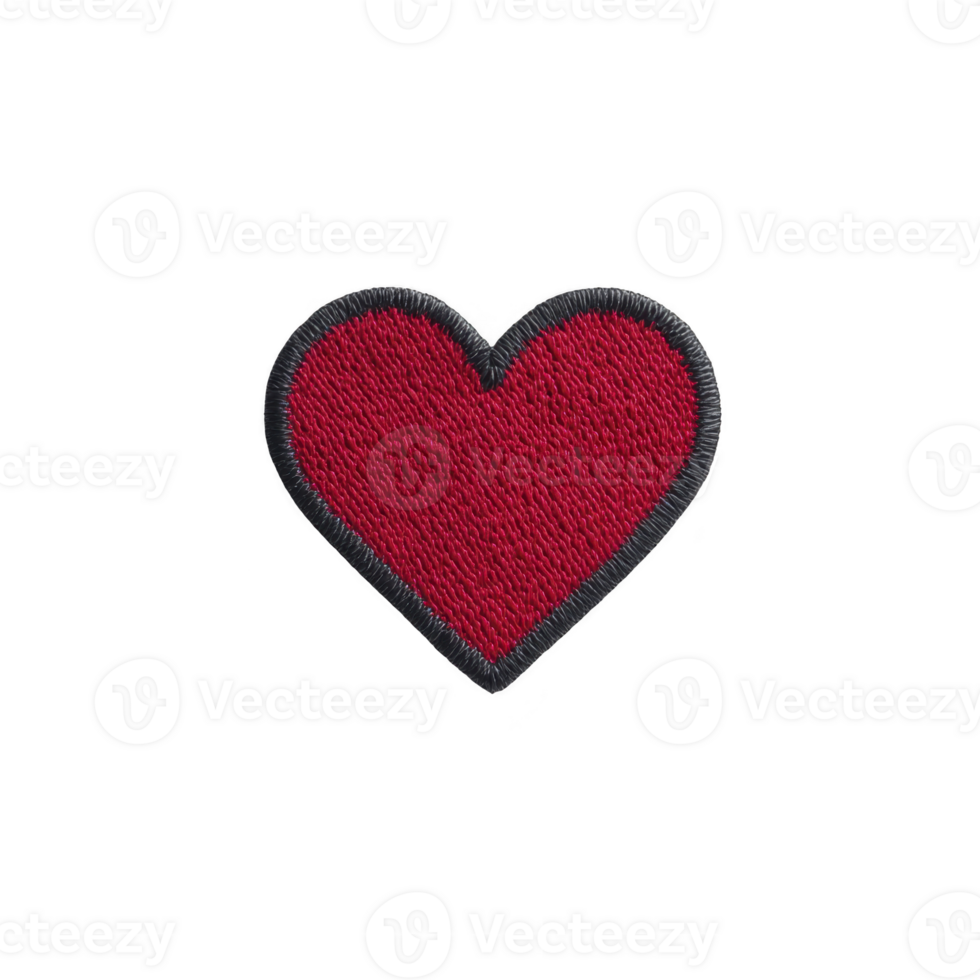 Red heart patch with black border, symbolizing love and affection, isolated on transparency background. embroidered texture adds handmade feel, perfect for crafts or fashion png