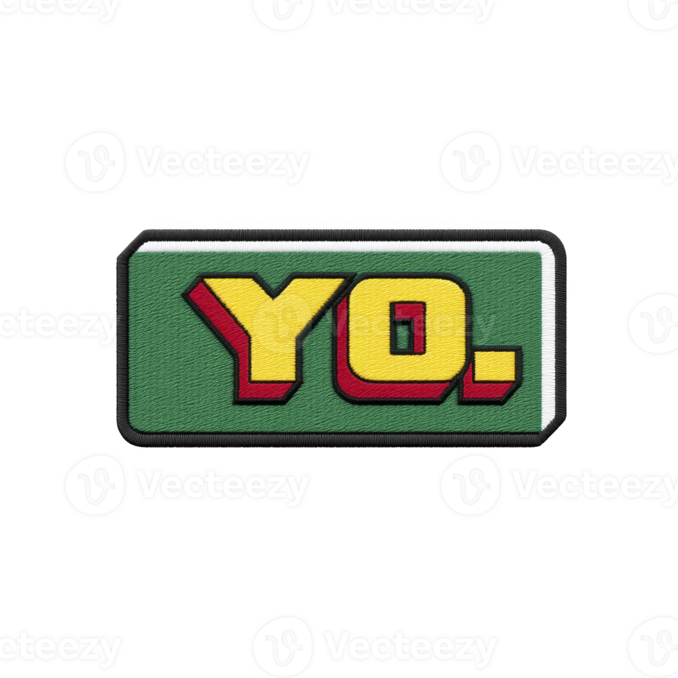 Rectangular embroidered patch features bold text YO. in yellow with red outline on green background, conveying casual and playful vibe png