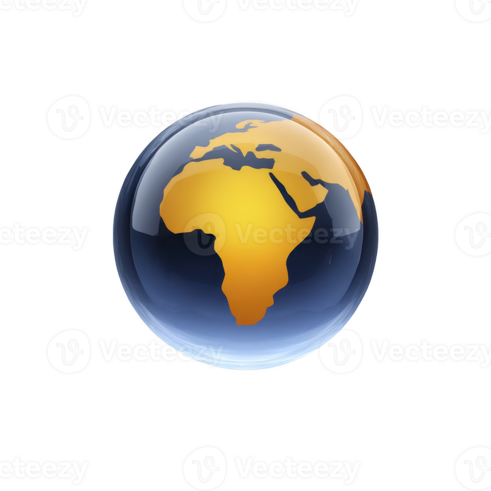 3D illustration of globe with focus on African continent, featuring glossy, reflective surface and vibrant colors. globe appears to be floating against plain background png