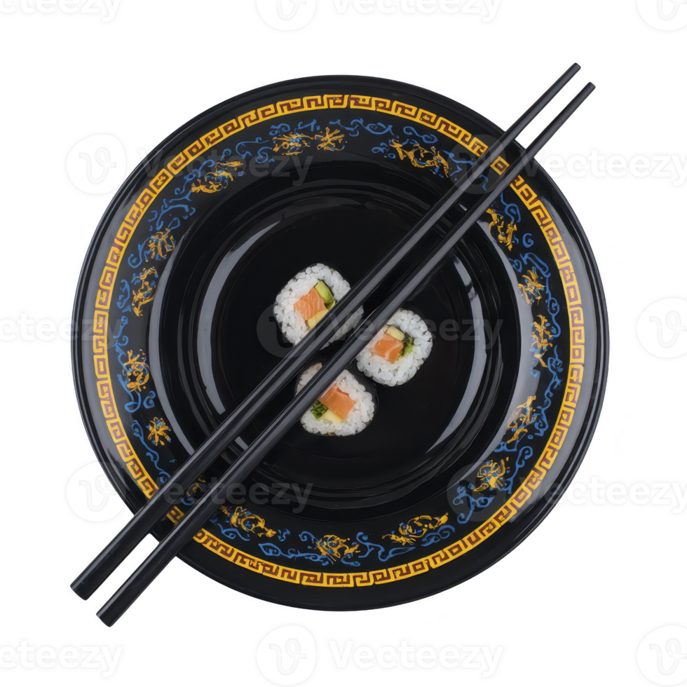 Three sushi rolls with salmon, avocado, and cucumber are elegantly arranged on decorative black plate with intricate gold and blue patterns, accompanied by black chopsticks png