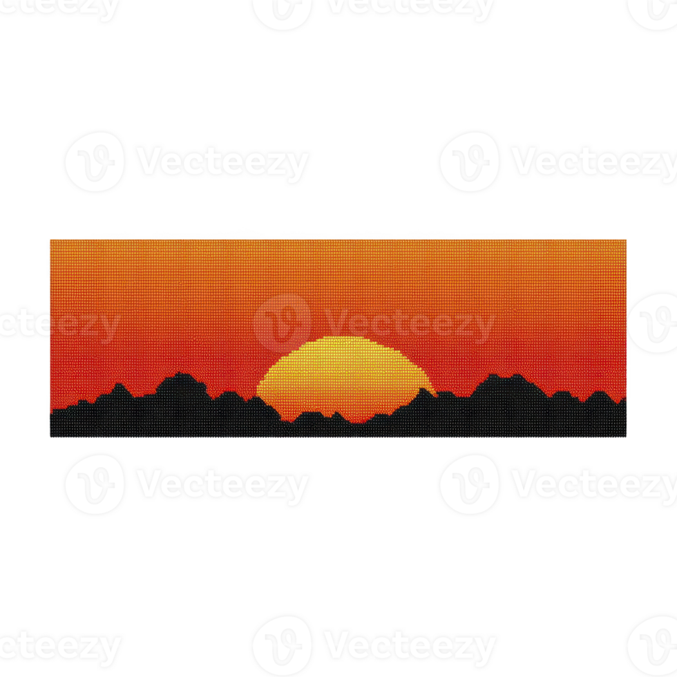 Vibrant sunset with glowing sun setting behind silhouette of mountains, creating gradient of warm orange and red hues in sky png