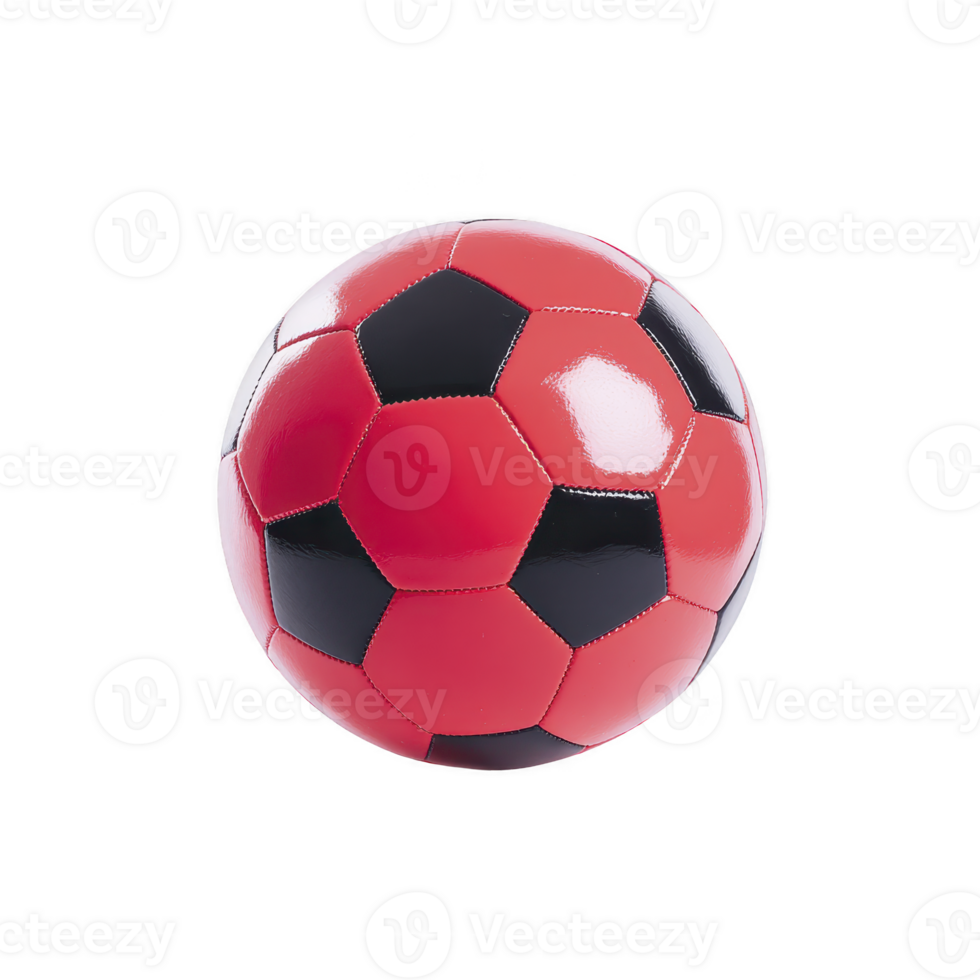 Red and black soccer ball with glossy finish is isolated on transparency background, showcasing its vibrant colors and classic hexagonal pattern png