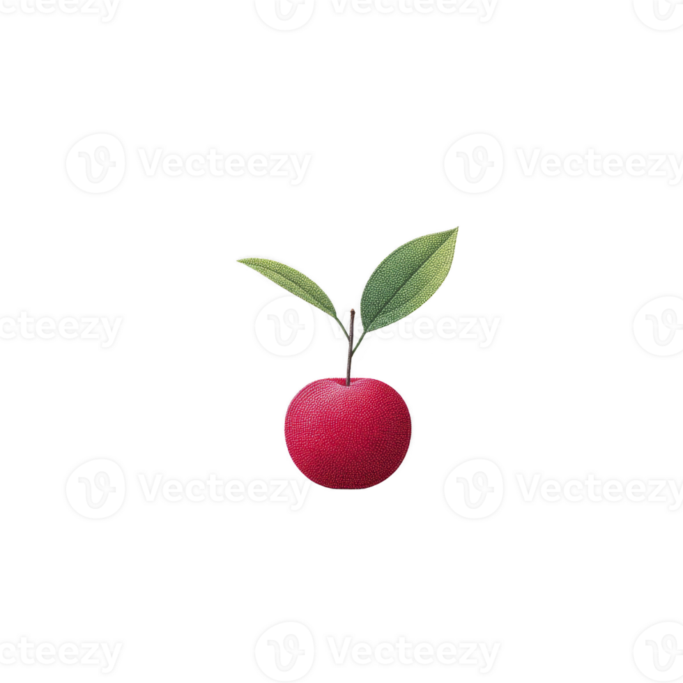 Vibrant red apple with two green leaves on stem, isolated on transparency background, symbolizes freshness and simplicity. apple texture is smooth and appealing png