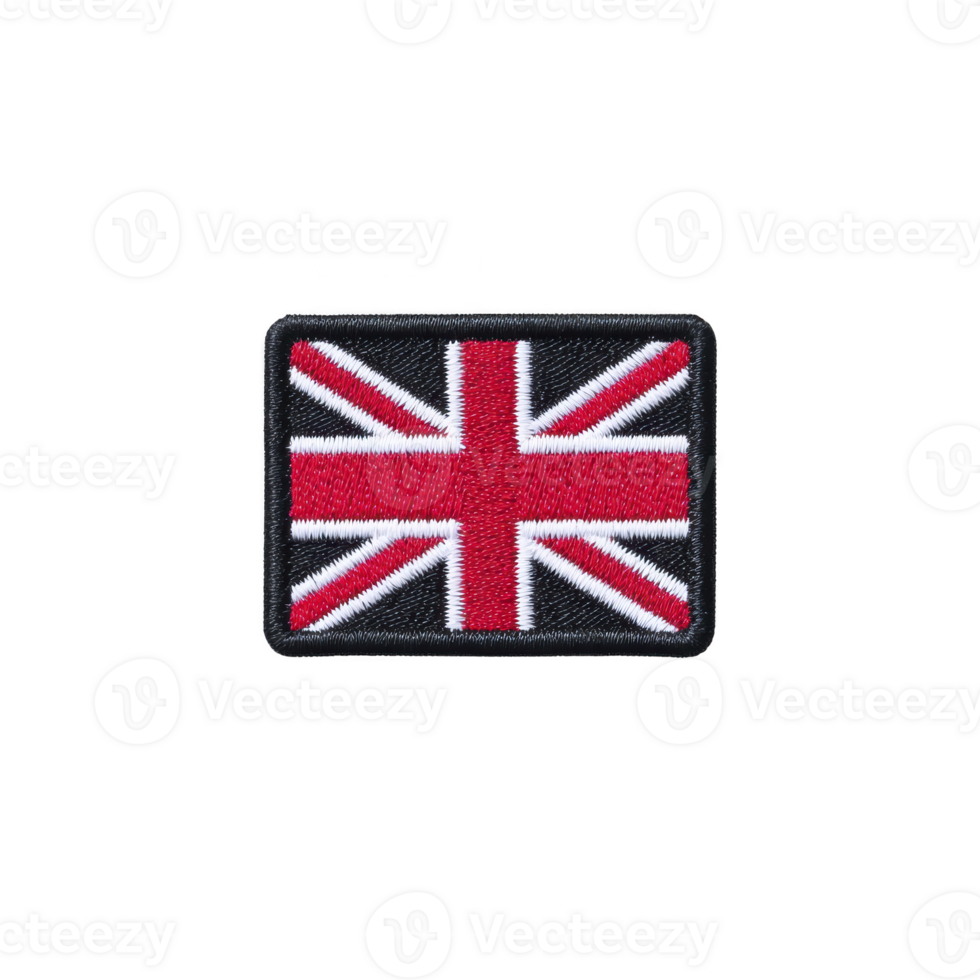 Rectangular embroidered patch featuring Union Jack flag design, symbolizing United Kingdom, with red, white, and blue colors on transparency background png