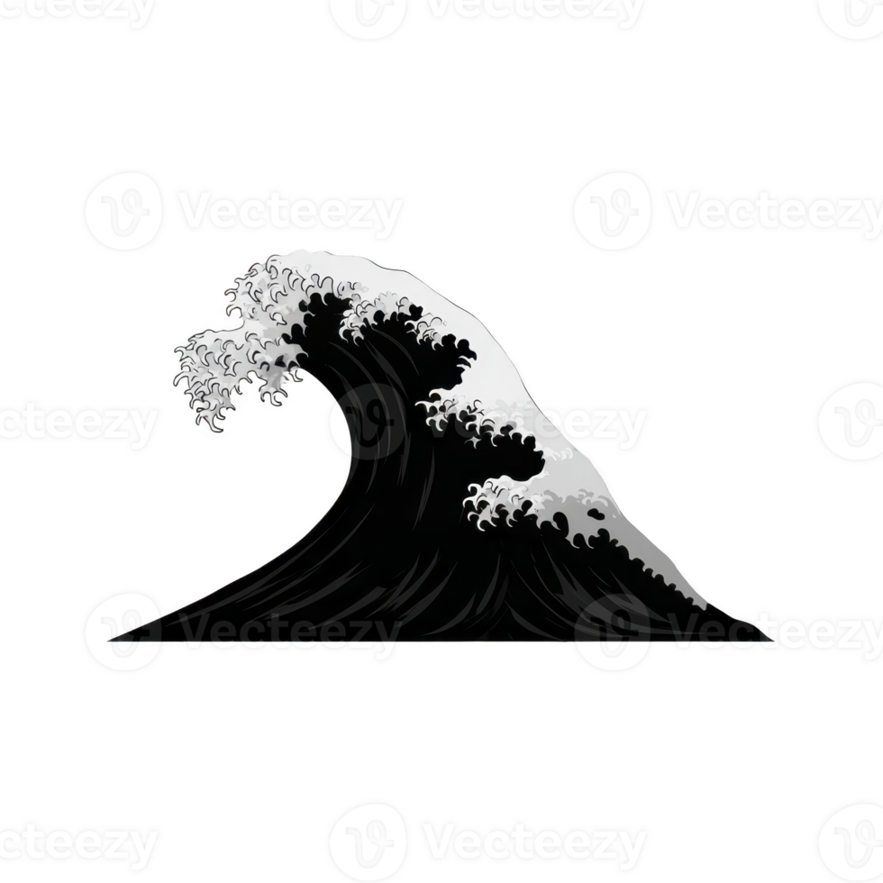 Stylized black and white illustration of large ocean wave, reminiscent of traditional Japanese art, with intricate details and dynamic movement png