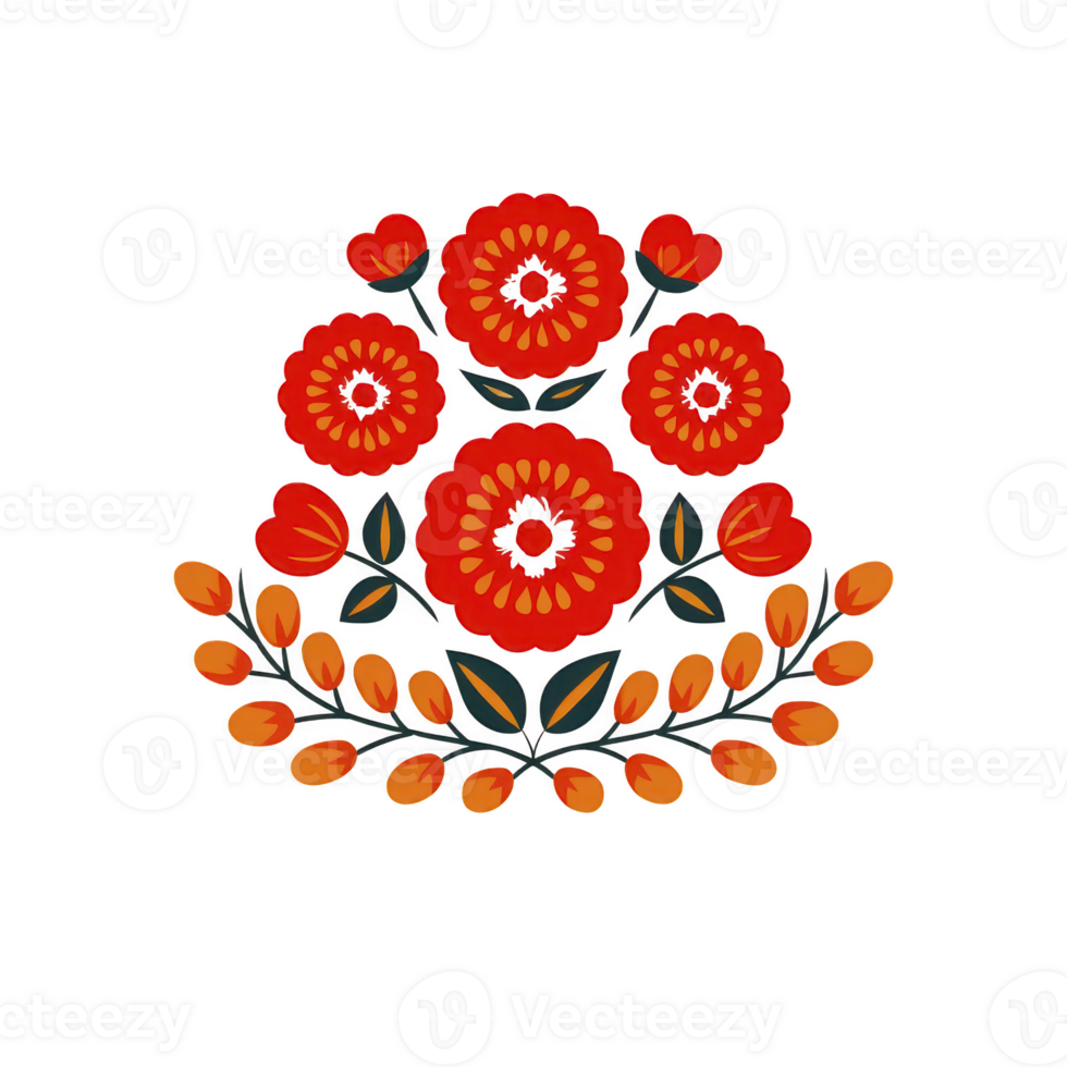Vibrant floral design features red flowers and orange leaves arranged symmetrically, creating decorative and artistic pattern. bold colors and intricate details evoke sense of elegance png