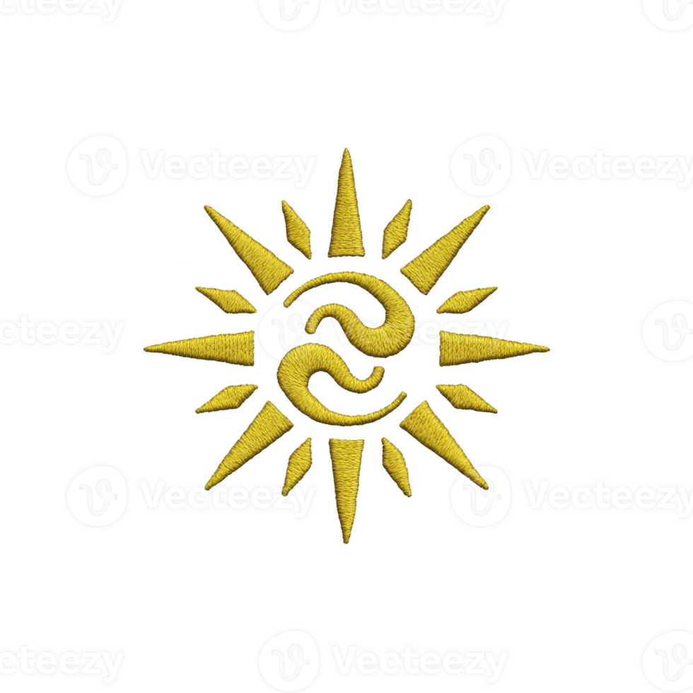 Vibrant yellow sun emblem with stylized rays and central swirling design on transparency background, evoking sense of energy and warmth png