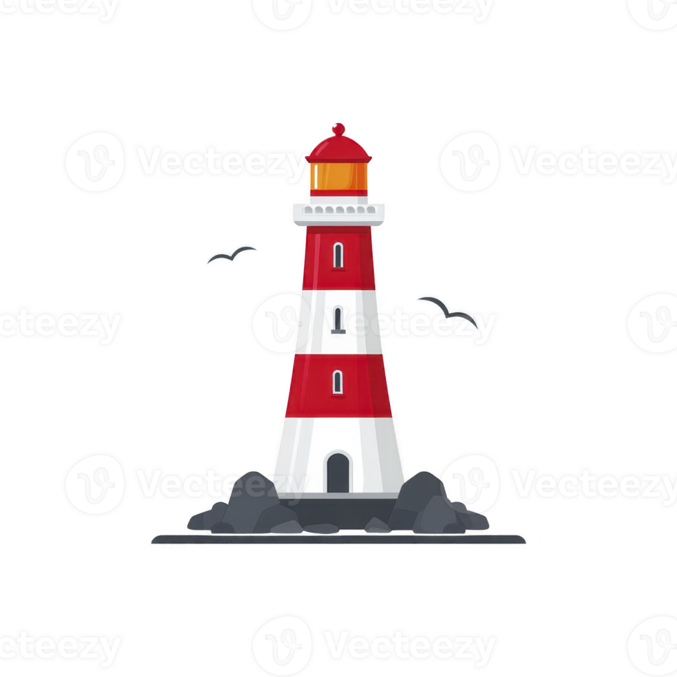 Red and white striped lighthouse stands tall on rocky base, with two birds flying nearby, symbolizing guidance and safety png