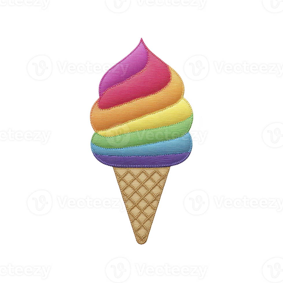 Colorful rainbow ice cream cone with waffle cone and vibrant swirled scoops. image is playful and cheerful, featuring spectrum of colors in ice cream png